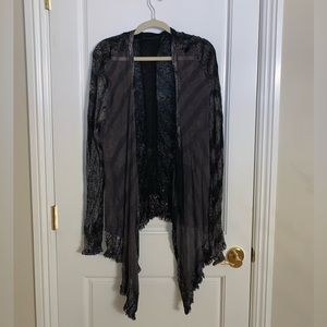 Mezon Black & Gray Rayon Asymmetrical Cardigan with Mesh and Fringe Detail